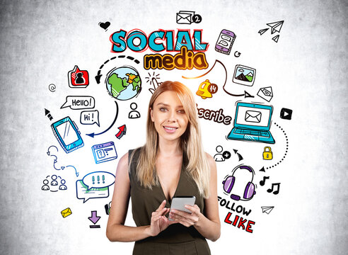 Young woman with different social media icons, communication and network - Powered by Adobe