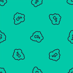 Blue line CO2 emissions in cloud icon isolated seamless pattern on green background. Carbon dioxide formula, smog pollution concept, environment concept. Vector