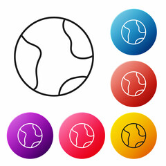 Black line Earth globe icon isolated on white background. World or Earth sign. Global internet symbol. Geometric shapes. Set icons colorful circle buttons. Vector