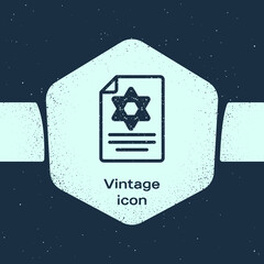 Grunge line Torah scroll icon isolated on blue background. Jewish Torah in expanded form. Star of David symbol. Old parchment scroll. Monochrome vintage drawing. Vector