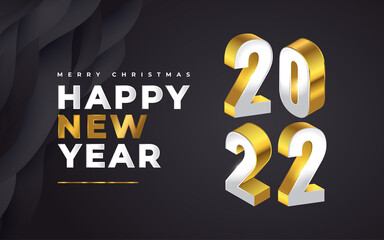 Elegant 2022 New Year Banner Design with 3D Numbers in White and Gold Style. New Year Celebration Design Template for Flyer, Poster, Brochure, Card, Banner or Postcard