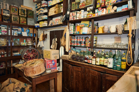 View Of An Old Grocery Store Full Of Discarded Food And Drinks