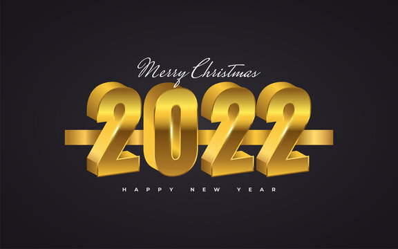 Happy New Year 2022 Banner or Poster with 3D Style in Gold Gradient. 2022 Numbers in 3D Gold Style
