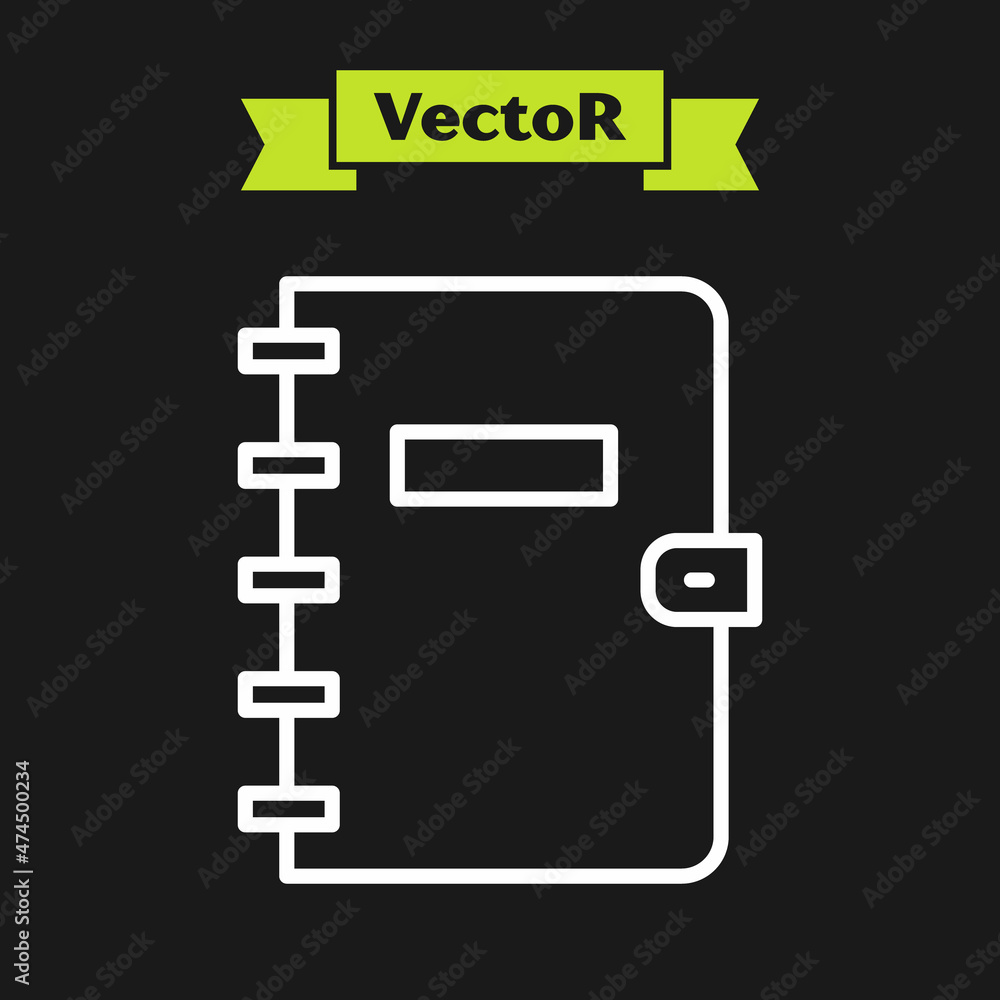 Poster white line notebook icon isolated on black background. spiral notepad icon. school notebook. writing