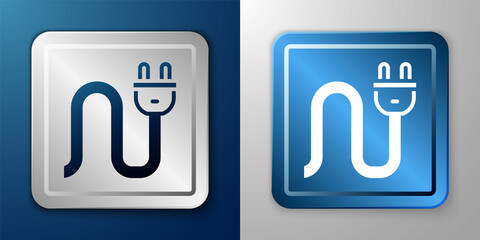 White Electric plug icon isolated on blue and grey background. Concept of connection and disconnection of the electricity. Silver and blue square button. Vector