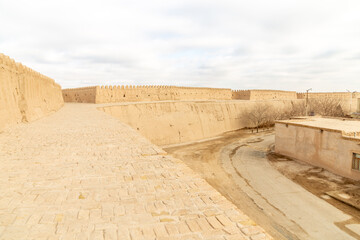 The wall of Ichan Kala fortress. Ichan Kala (or Itchan Qala is walled inner town of the city of Khiva, a UNESCO World Heritage Site), Khiva city, Uzbekistan.