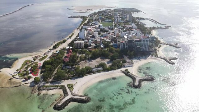 Drone  shot of Maafushi island. Maldives on sunny day