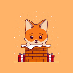Cute fox wearing christmas scarf out of the chimney