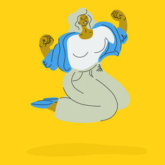 Vector illustration of happy woman jumping. Bodypositive girl in flat style. Portrait of playful crazy girl jumping in the air enjoying weekend having perfect mood isolated on the yellow background