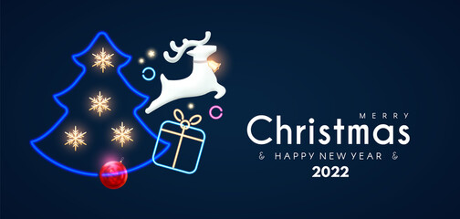 Merry Christmas and Happy New Year Holiday background with jumping deer, fir tree, gift and neon light effect. Super season offer with lights.