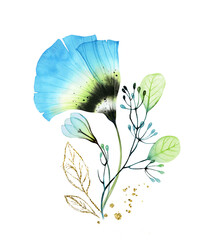 Watercolor bouquet with blue flowers. Abstract transparent anemones and golden glitter leaves. Hand painted isolated design. Botanical illustration for wedding stationery, greeting cards