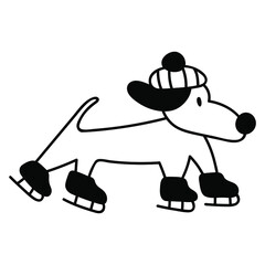 Dachshund ice skating. Vector outline icon illustration on white background. 