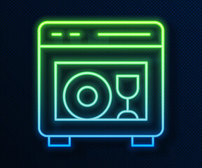 Glowing neon line Kitchen dishwasher machine icon isolated on blue background. Vector