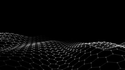 Abstract hexagon black wave with moving dots and lines. Flow of particles. Cyber technology illustration. Vector illustration.