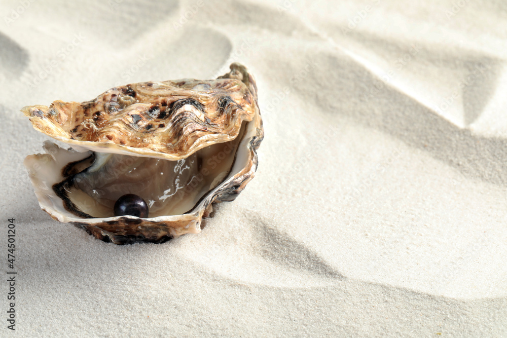 Canvas Prints Open oyster with black pearl on sand, space for text