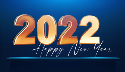 Happy new 2022 year Elegant gold text with podium and spotlight. Minimalistic text template.