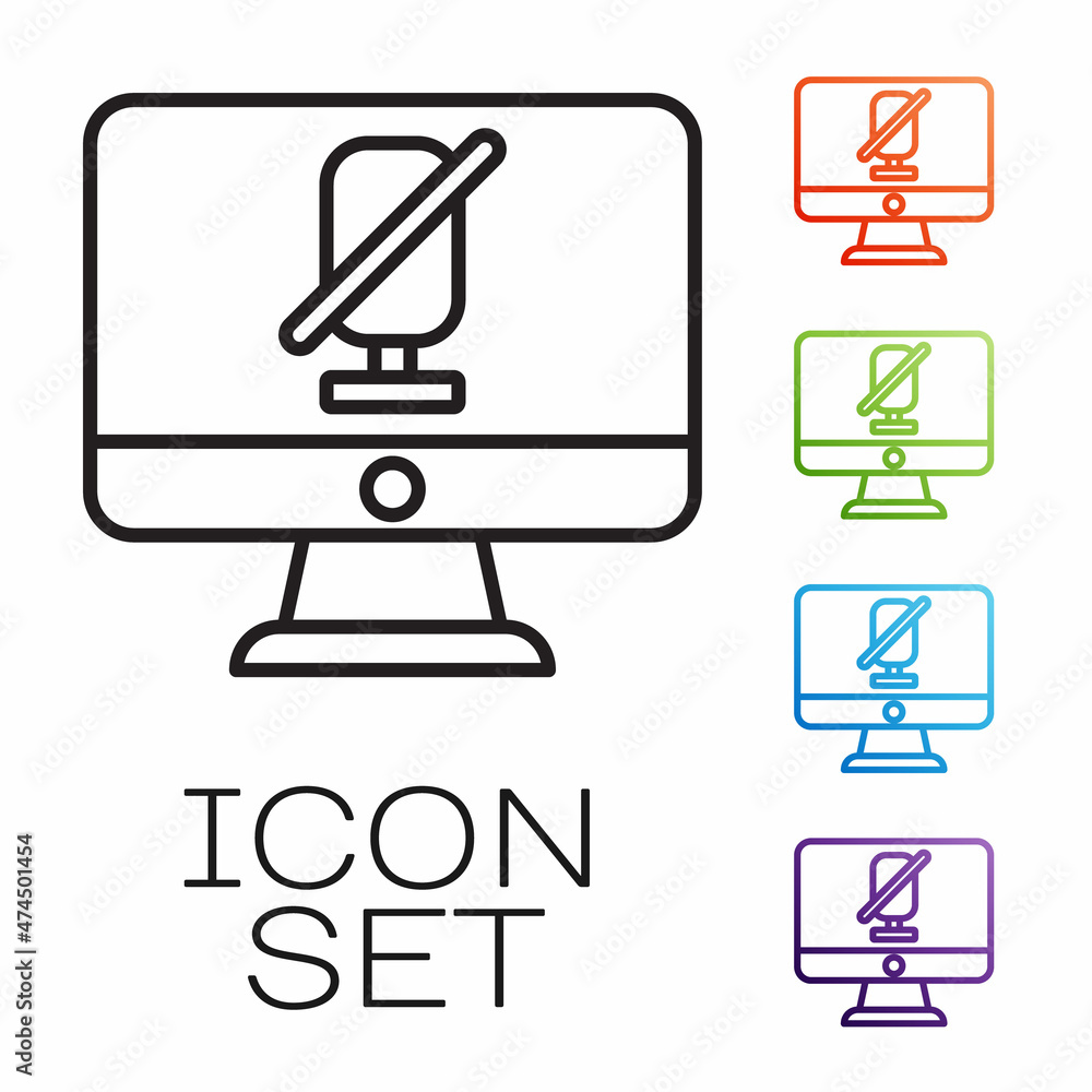 Poster Black line Mute microphone on computer icon isolated on white background. Microphone audio muted. Set icons colorful. Vector
