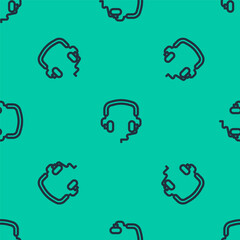 Blue line Headphones icon isolated seamless pattern on green background. Earphones. Concept for listening to music, service, communication and operator. Vector