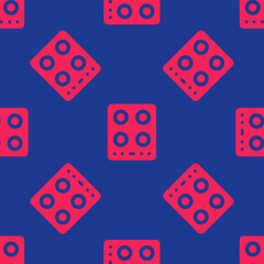 Red Gas stove icon isolated seamless pattern on blue background. Cooktop sign. Hob with four circle burners. Vector