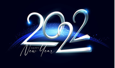 Happy 2022 New Year Elegant Christmas congratulation with 3D realistic metal text and light effect