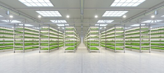 Hydroponic indoor vegetable plant factory in exhibition space warehouse. Interior of the farm hydroponics. Green salad farm. Lettuce Roman growing in greenhouse with led lightning. 3D render