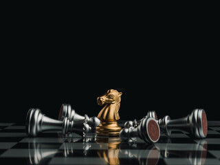 The gold horse, knight chess piece standing with falling silver pawn chess pieces on chessboard on dark background. Leadership, winner, competition, and business strategy concept. © tete_escape