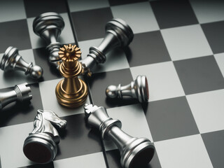 The golden queen chess piece standing with falling silver knight, rook, bishop, pawn pieces on chessboard on dark background, top view. Leadership, winner, competition, and business strategy concept. © tete_escape
