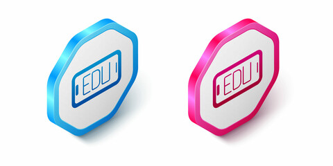 Isometric Online education and graduation icon isolated on white background. Online teacher on monitor. Webinar and video seminar learning. Hexagon button. Vector