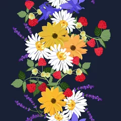Dekokissen Dahlias,lavender, chamomile and raspberries. Seamless vector illustration on a dark purple background. © Nadezhda