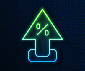 Glowing neon line Percent up arrow icon isolated on blue background. Increasing percentage sign. Vector