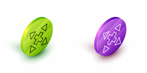 Isometric line Many ways directional arrow icon isolated on white background. Green and purple circle buttons. Vector