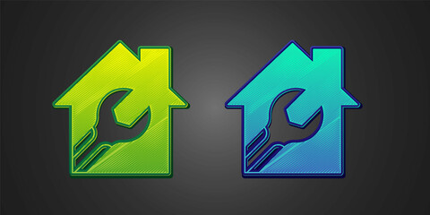 Green and blue House or home with wrench spanner icon isolated on black background. Adjusting, service, setting, maintenance, repair, fixing. Vector