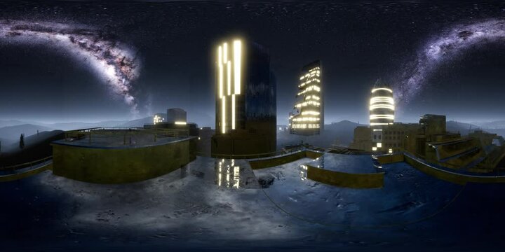 City Skyline at Night under a Starry Sky. VR360