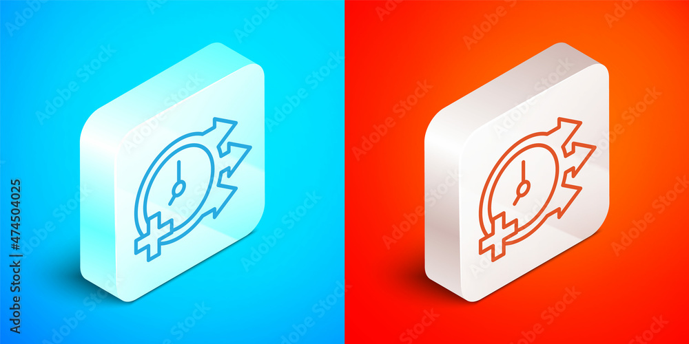 Poster Isometric line Clock icon isolated on blue and red background. Time symbol. Silver square button. Vector