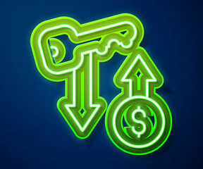 Glowing neon line Rent key icon isolated on blue background. The concept of the house turnkey. Vector