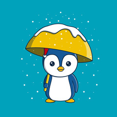 Cute Penguin wearing christmas hat holding umbrella