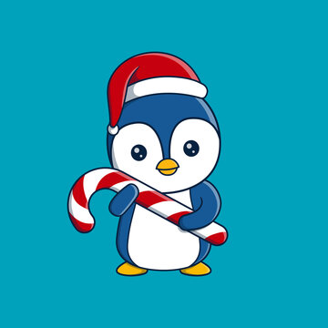 Cute Penguin wearing christmas hat hugging candy