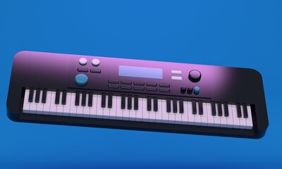 Blue studio background with flying musical instrument synthesizer. 3d rendering