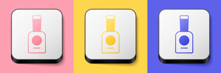 Isometric Bottle of nail polish icon isolated on pink, yellow and blue background. Square button. Vector