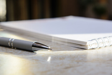 A ballpoint pen is located near the notebook. Background - books on the shelves. Solar lighting. Blurred colored background.