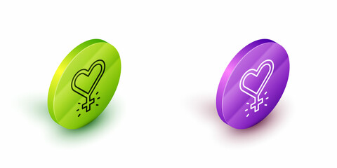 Isometric line Feminism icon isolated on white background. Fight for freedom, independence, equality. Green and purple circle buttons. Vector