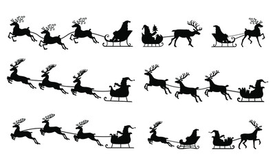 Vector illustrations of silhouette of Santa Claus flying on reindeer sleigh set