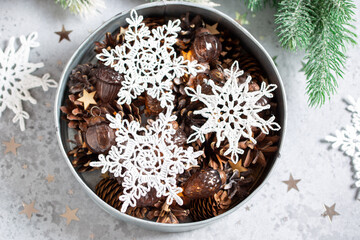 Crochet cotton yarn homemade snowflakes, winter and christmas decor and decoration idea, horizontal