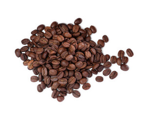 Pile of roasted coffee beans on white background, top view