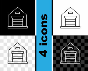 Set line Warehouse icon isolated on black and white, transparent background. Vector