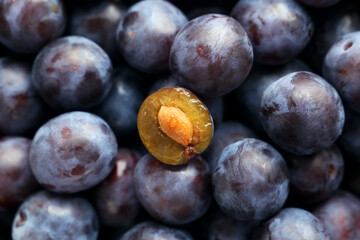 Half of a plum with a stone, fruit background, background of plums