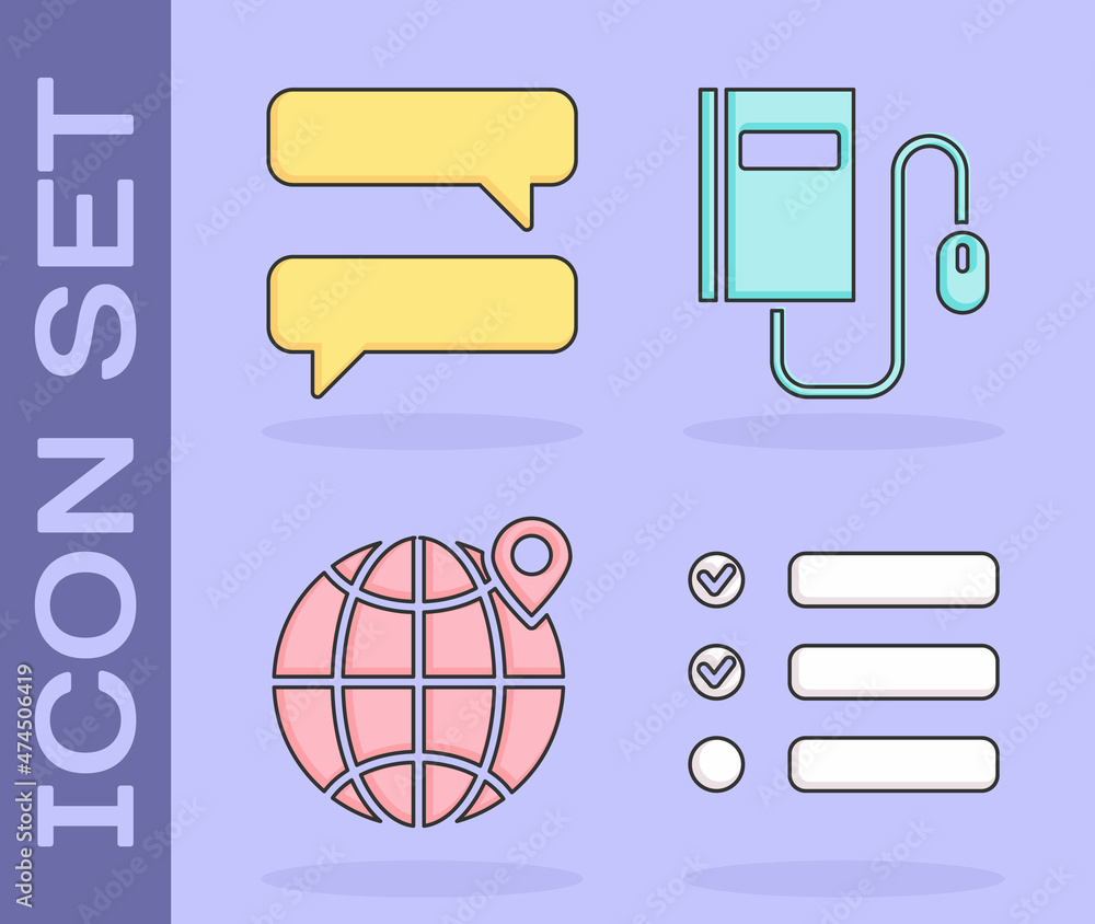 Aufkleber set task list, speech bubble chat, location on the globe and electronic book with mouse icon. vector