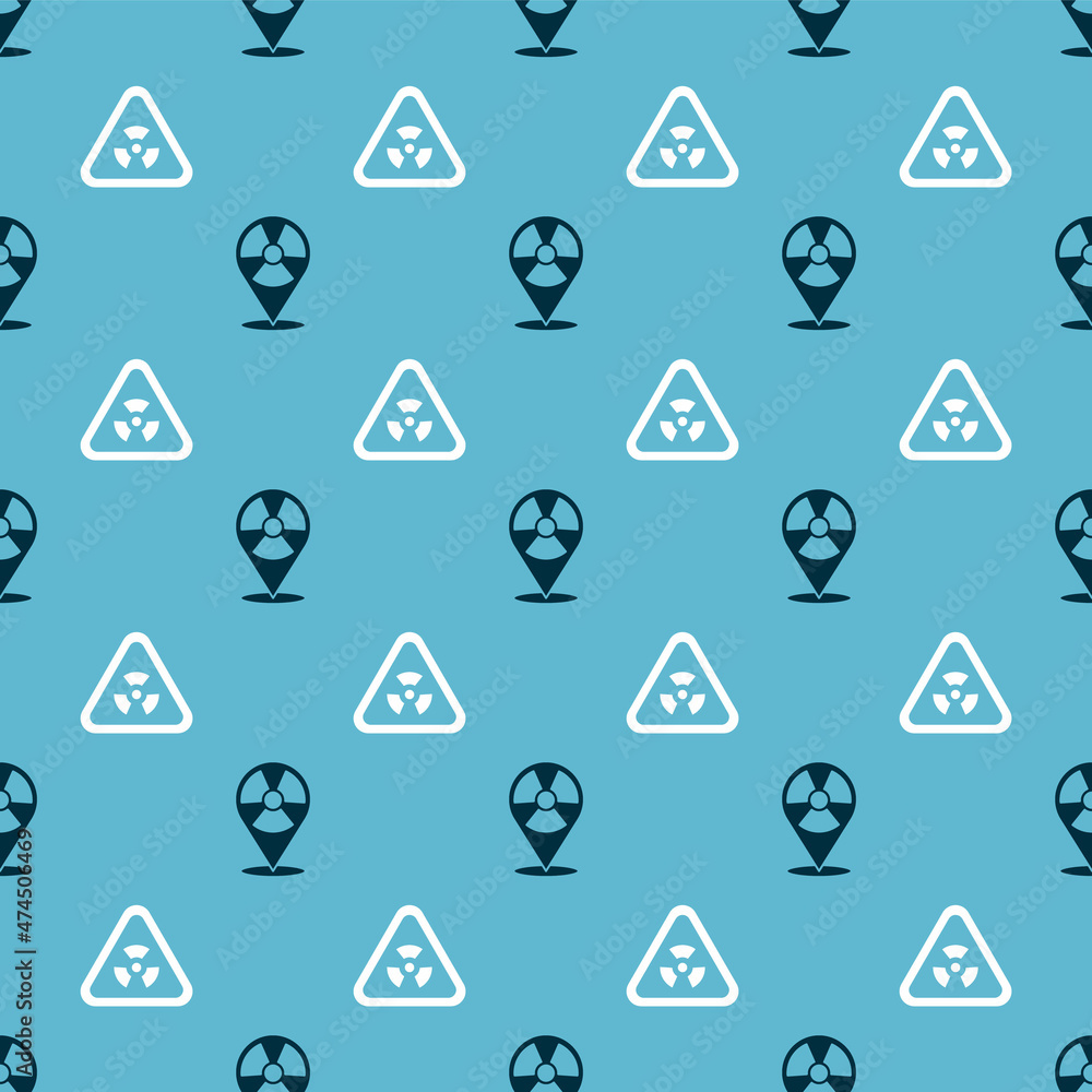 Poster set radioactive in location and triangle with radiation on seamless pattern. vector