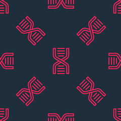 Red line DNA symbol icon isolated seamless pattern on black background. Vector