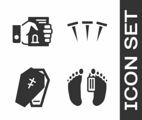 Set Dead body, Death certificate in hand, Coffin with cross and Metallic nails icon. Vector